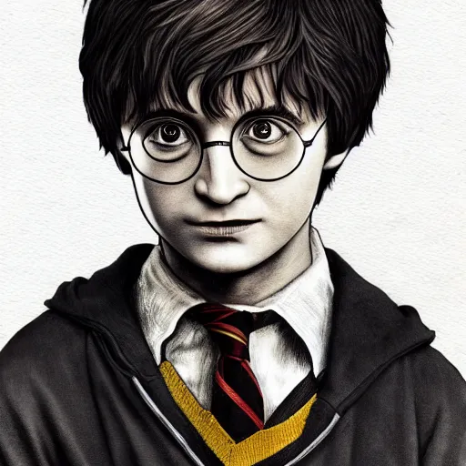 Prompt: a close up portrait of harry potter as a preteen, art station, highly detailed, focused gaze, concept art, sharp focus, illustration in pen and ink, wide angle, by Kentaro Miura