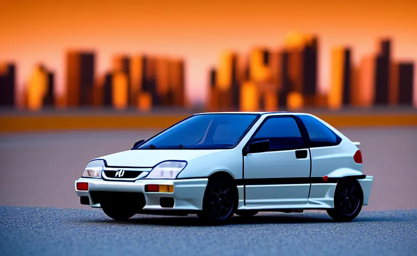 Image similar to photograph of a cell-shaded Honda EK9 Type-R with an anime girl, on a desert road with a futuristic city in the horizon, one point perspective, 1-point perspective, tilt shift, sigma 85mm f/1.4, 4k, depth of field, high resolution, 4k, 8k, hd, full color