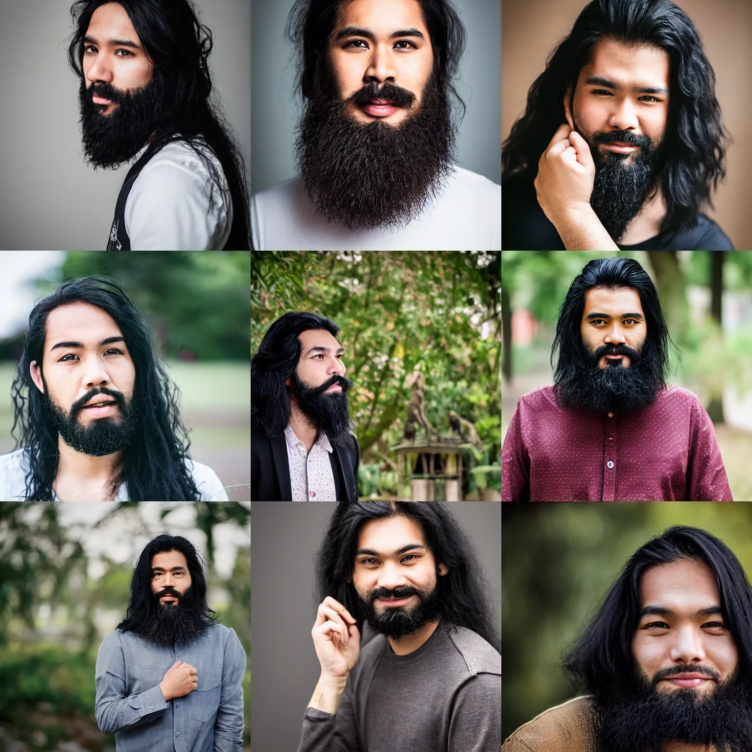 Prompt: a very handsome malaysian european guy with long black hair and a beard, sigma 8 5 mm, high quality, portrait photography