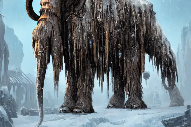 Prompt: a giant steampunk mammoth, post - apocalyptic ice landscape in snowstorm, concept art, artstation, highly detailed, digital art