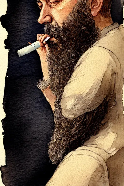 Image similar to portrait of a middle - aged writer with a beard, he is smoking a cigarette, watercolor style of greg rutkowski