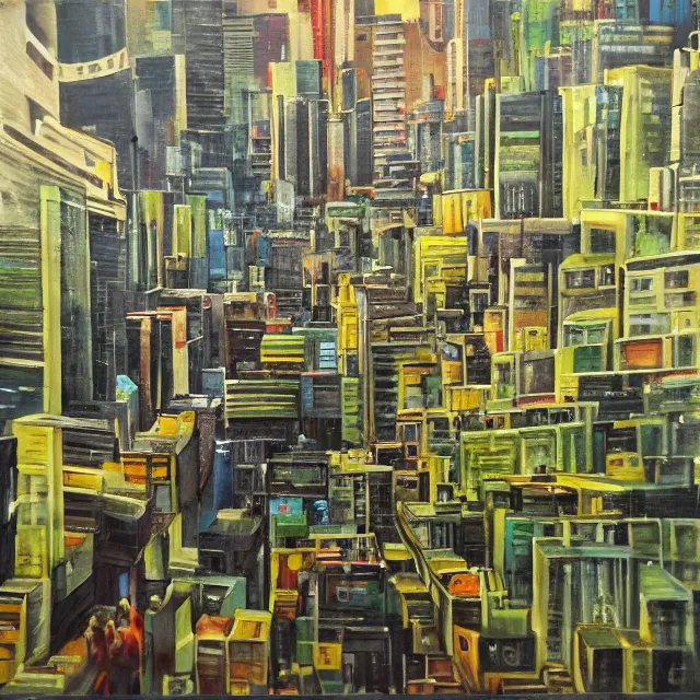 Image similar to streets of mumbai, future, mossy buildings, high fidelity, uncompressed, photorealistic oil painting, straight lines