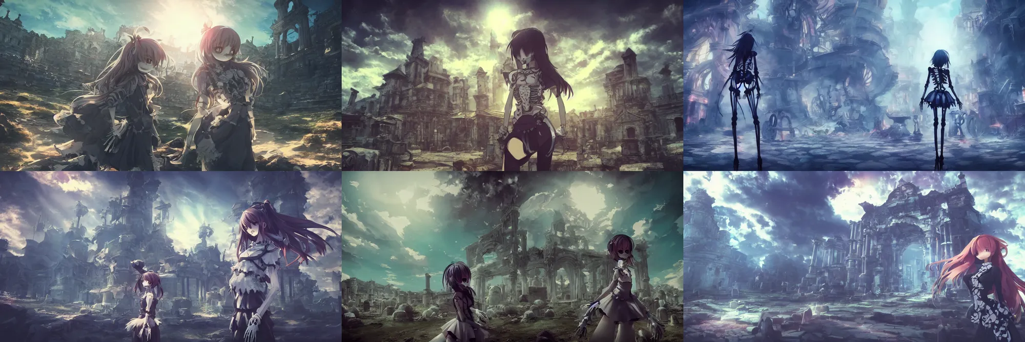 Prompt: kawaii girl in front of necropolis, skeletons behind, huge amount of details, masterpiece, posing for instagram, epic cinematic still, dynamic perspective, anime style, beautiful volumetric light