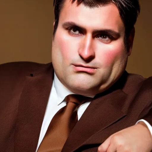 Image similar to Close up portrait of a clean-shaven chubby man with medium length brown hair wearing a chocolate brown suit and necktie. Photorealistic. Award winning. 35mm movie film still. Intricate details. UHD 8K. He looks very shocked.