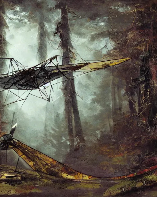 Image similar to ornithopter abandoned in a forest, illustration by wojciech siudmak, art station