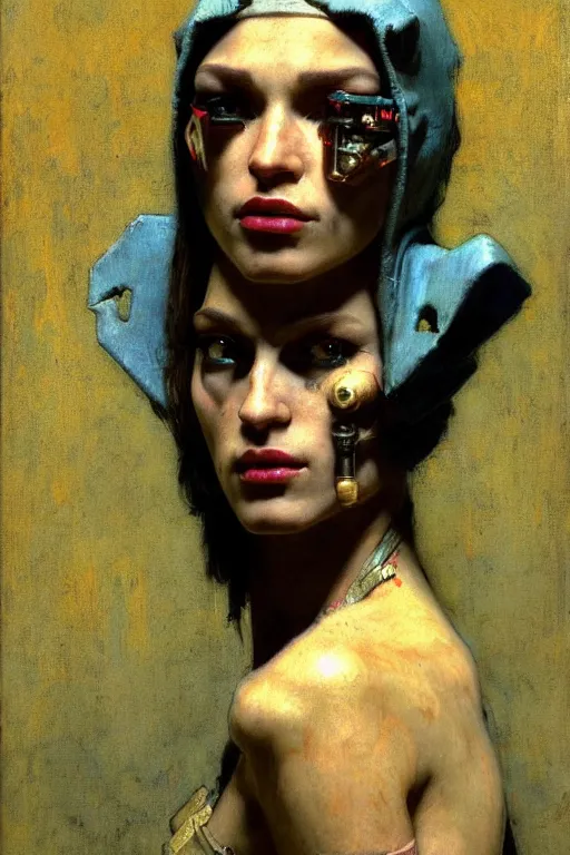 Image similar to full character portrait max mad cyberpunk warhammer 4 0 k, medic sapper not the girl with the pearl earring character design, painting by gaston bussiere, katsuya terada, wyeth, greg rutkowski, craig mullins, ( ( ( ( ( vermeer ) ) ) ) ), frank frazetta, mucha, tom of finland, trending on artstation