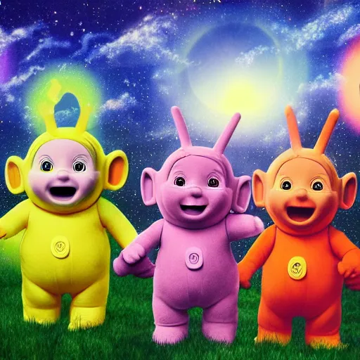 Prompt: the Teletubbies in the nightmare realm, trending on art station