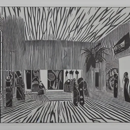 Prompt: A black and white screen print of gallery exhibition view from the 60s, anthropology, colonial, wild, exotic, masks, ethnography, screen printing