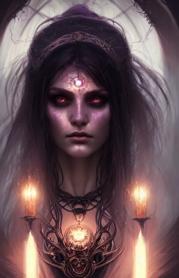 Image similar to Necromancer Sorceress face close-up macro in center, fantasy magic, undercut hairstyle, dark light night, intricate, elegant, sharp focus, illustration, highly detailed, digital painting, concept art, matte, art by WLOP and Artgerm and Greg Rutkowski and Alphonse Mucha, masterpiece