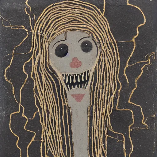 Image similar to a beautiful street art of a human - like creature with long, stringy hair. the figure has no eyes, only a mouth with long, sharp teeth. the creature is standing on a cliff overlooking a dark, foreboding sea. damascening inlay by squeak carnwath lifelike, unnerving