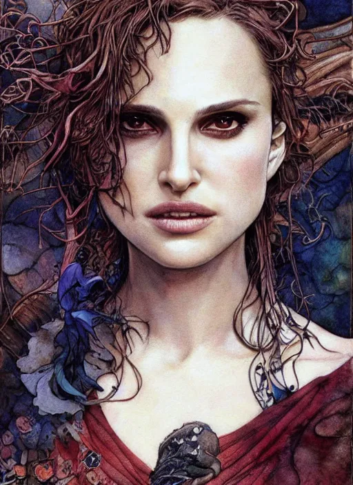 Prompt: realistic detailed painting of Natalie Portman by yoshitaka amano david mack and rebecca guay and arthur rackham and james jean, Neo-Gothic, gothic, rich deep colors