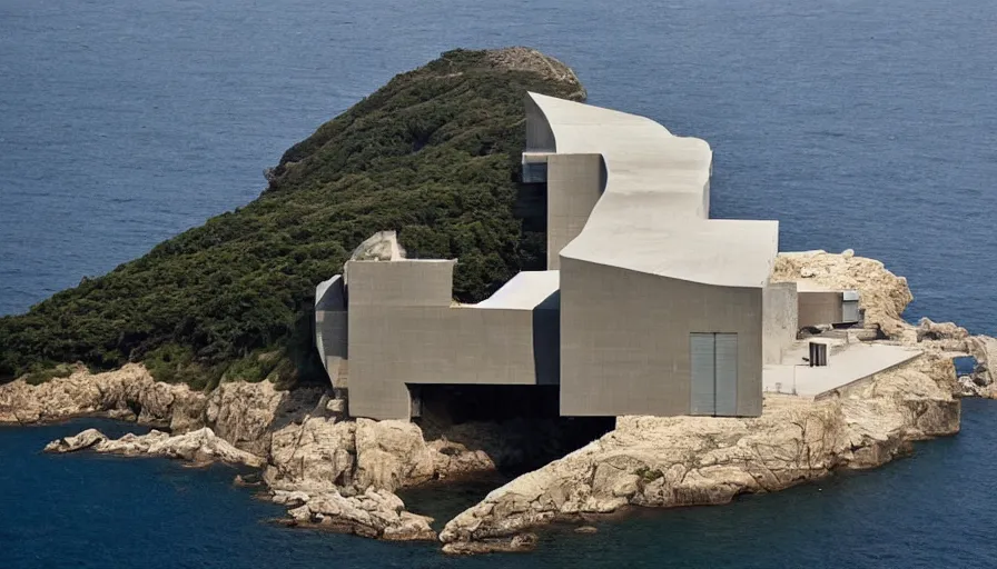 Prompt: big military base perched on a cliff overlooking a magnificient bay, laboratory, drawing architecture, pritzker architecture prize, greig fraser