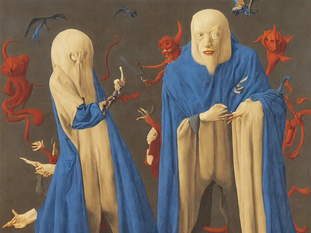 Image similar to Portrait of albino mystic with blue eyes, with demon, devil. Painting by Jan van Eyck, Audubon, Rene Magritte, Agnes Pelton, Max Ernst, Walton Ford