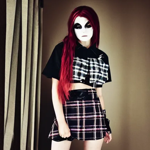 Image similar to female jade weber model teenage goth photography plaid mini skirt band shirt beautiful face, dramatic light darkroom