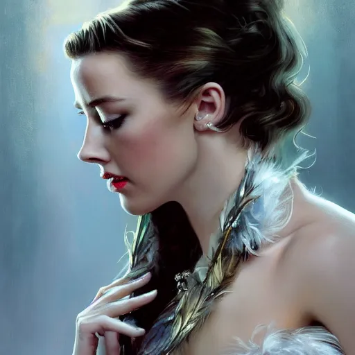 Image similar to hyperrealistic portrait of a woman as amber heard posing to noir moon in a white swan dress wearing sapphire jewellery with long feather collar by jeremy mann and alphonse mucha, fantasy art, photo realistic, dynamic lighting, artstation, poster, volumetric lighting, very detailed faces, 4 k, award winning