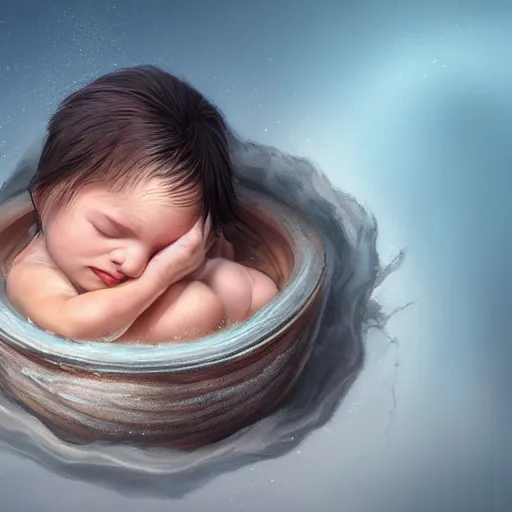 Image similar to a baby mermaid sleeping in an cracked egg, ultrarealistic, dramatic lighting, high details, 4 k, 8 k, best, accurate, trending on artstation, artstation, photorealism, ultrarealistic, digital painting, fantasy art