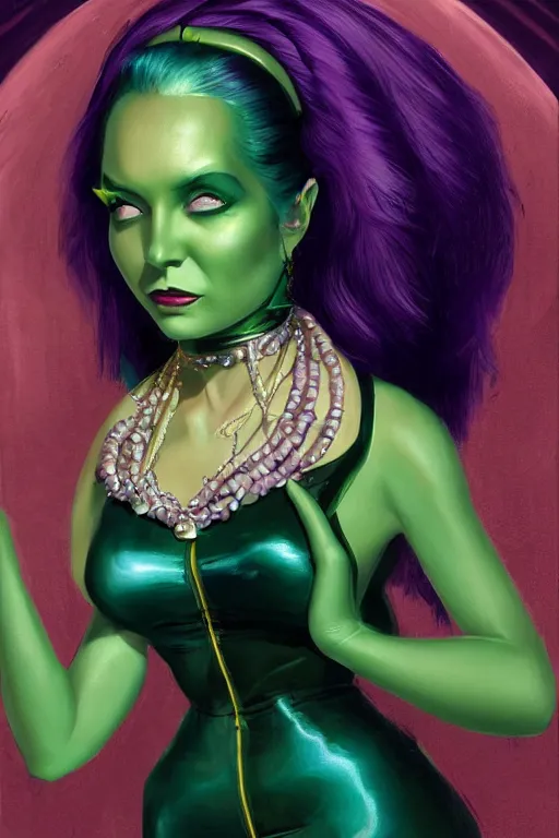 Image similar to portrait, headshot, digital painting, of beautiful lady alien extraterrestrial merchant, purple hair, amber jewels, dark green satin spacesuit, baroque, ornate clothing, scifi, futuristic, realistic, hyperdetailed, chiaroscuro, concept art, art by gil elvgren and basil gogos