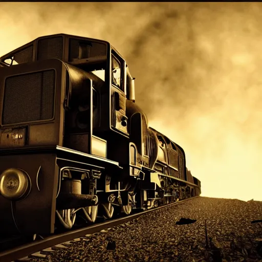 Image similar to locomotive from front view. black metal. nightmarish, horrific, scary, atmospheric, epic scene, unreal engine render, octane render