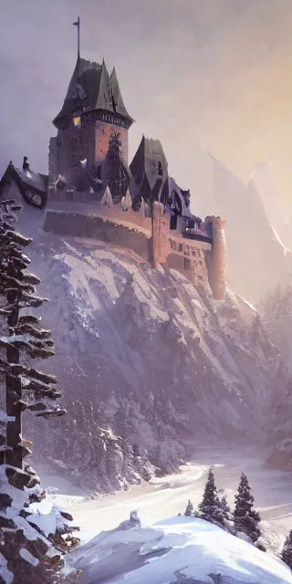 Image similar to a painting of a castle in the middle of a snowy mountain, a detailed matte painting by andreas rocha and greg rutkowski, featured on artstation, fantasy art, matte drawing, matte painting, artstation hq