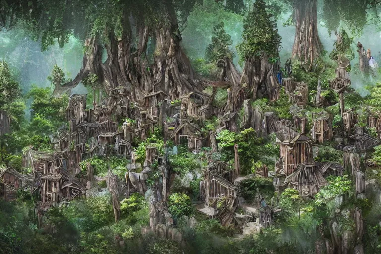 Image similar to a wood elf village suspended high in the redwood tree canopy, fantasy setting, dense vegetation, very detailed, d & d concept art, 4 k