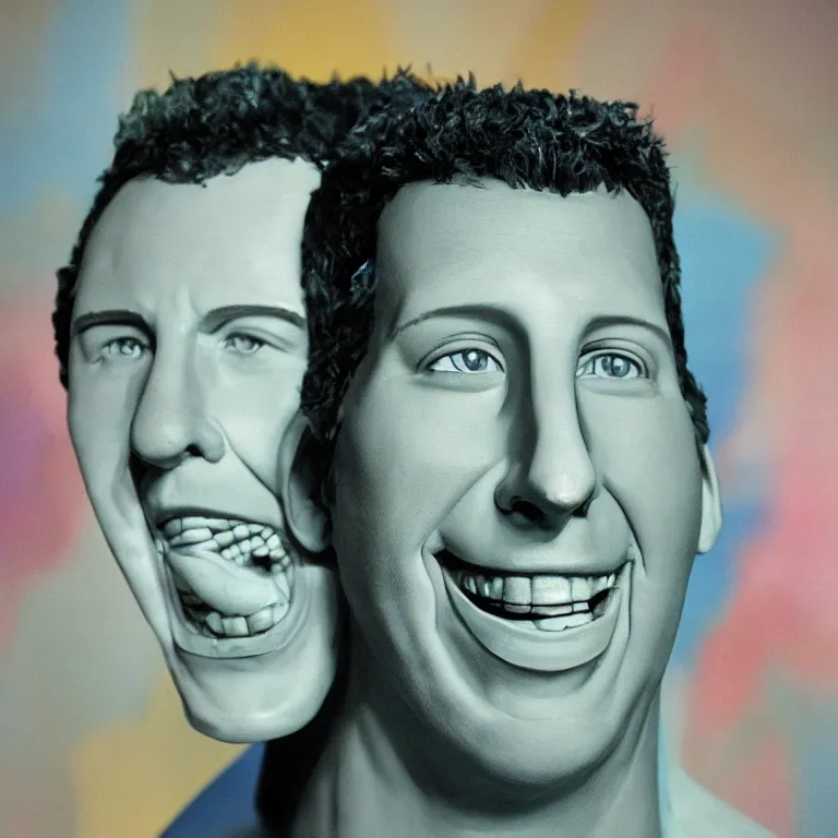Prompt: beautiful studio photograph of colorful postmodern portrait sculpture of adam sandler toothy smile, beautiful symmetrical face accurate face detailed face realistic proportions, made of watercolor - painted plaster on a pedestal by ron mueck and matthew barney and greg rutkowski, hysterical realism intense cinematic lighting shocking detail 8 k