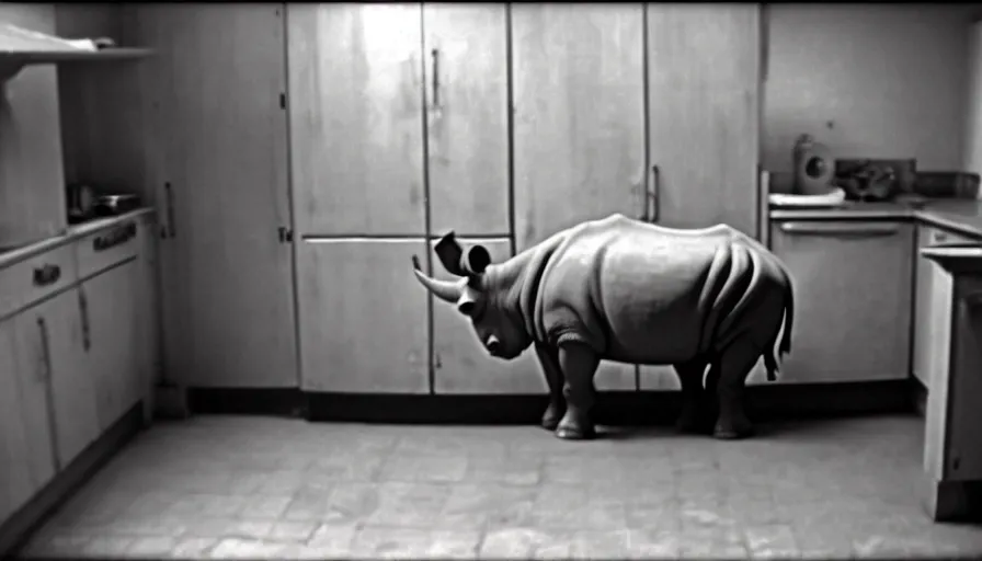 Prompt: a rhinoceros in a stalinist style kitchen, by mini dv camera, very very low quality, heavy grain, very blurry, accidental flash, webcam footage, found footage, security cam, caught on trail cam