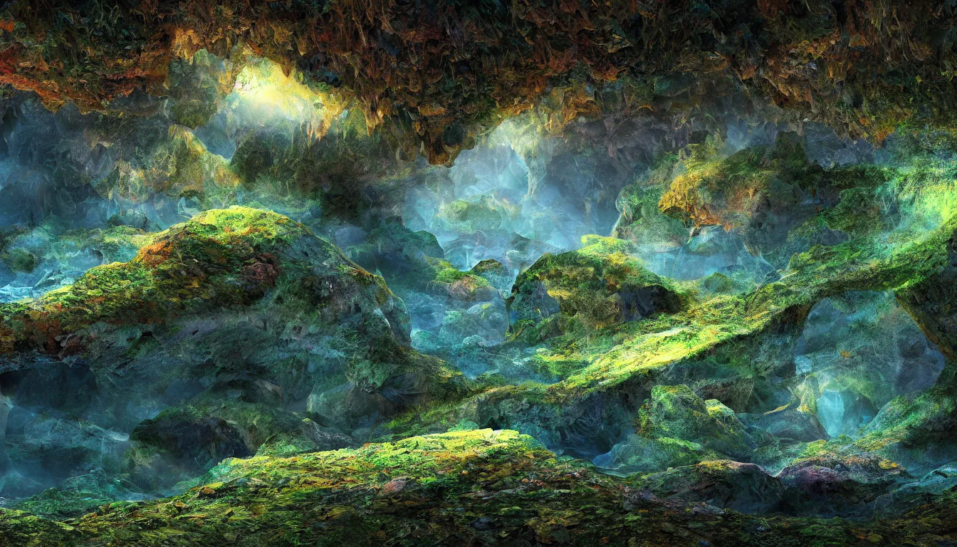 Image similar to expansive caves with growing biodiversity , the pools of liquid, dusk light illuminates dappled areas , volumetric light ,detailed entangled fibres carpet the fallen rocks ,full colour , upscale , 4k