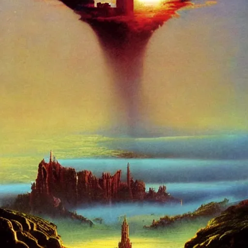 Image similar to by bruce pennington, by tony moore, by thechamba emotive renaissance painting. a beautiful land art of a castle in the clouds.