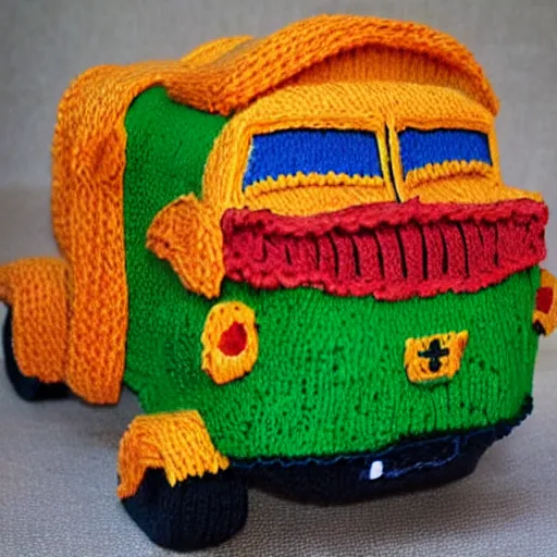 Prompt: garbage truck knitting pattern for children intarsia chart picture jumper in dk yarn vintage