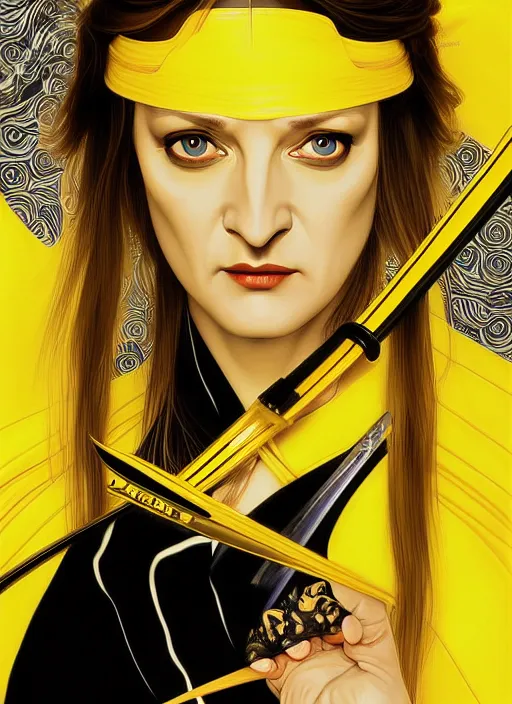 Image similar to uma thurman in kill bill, rococo and art nouveau fusion, reflective katana, yellow jumpsuit with black stripe, highly detailed, deep focus, elegant, digital painting, smooth, sharp focus, illustration, ultra realistic, japanese art by artgerm and alphonse mucha