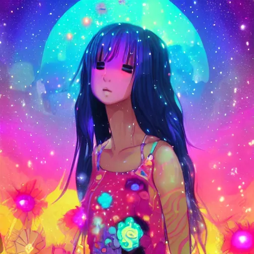 Prompt: psychedelic, whimsical, anime, 4k, Olivia Rodrigo, long trippy hair, a crystal and flower dress, bathing in a reflective pond, underneath the stars, rainbow fireflies, trending on patreon, deviantart, twitter, artstation, volumetric lighting, heavy contrast, art style of Ross Tran and Ilya Kuvshinov