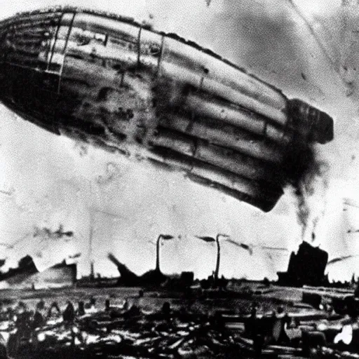 Image similar to iron man during the hindenburg disaster, grainy photo