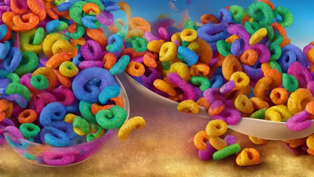 Prompt: film still of the Fruit Loops surreal action movie. amazing cgi