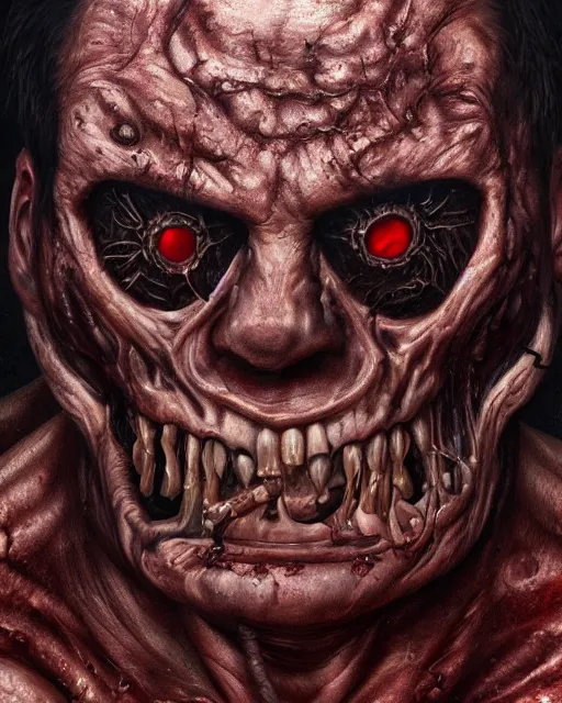 Image similar to Haunting horrifying hyperrealistic detailed painting of a huge muscular hulking flesh demon covered in thick black blood and bone showing through holes in the flesh, disgusting, creepy, unsettling, and bloodshot eyeballs, hyper detailed, trending on Artstation