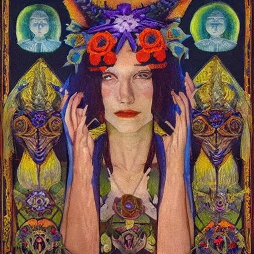 Image similar to the bone crown, by Annie Swynnerton!! and Nicholas Roerich and ((((((Diego Rivera)))))), embroidered robes, floral tattoos, bioluminescent skin!, elaborate costume, geometric ornament, symbolist, soft colors, dramatic lighting, smooth, sharp focus, extremely detailed