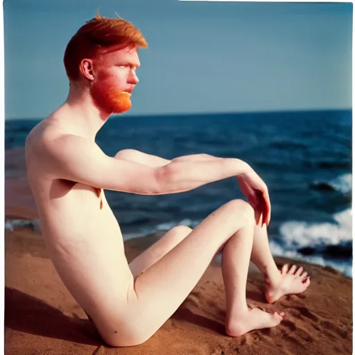 Image similar to portrait photography of a beautiful ginger model with bright blue eyes standing in front of ocean, Joel Meyerowitz, 35mm, kodak film photo