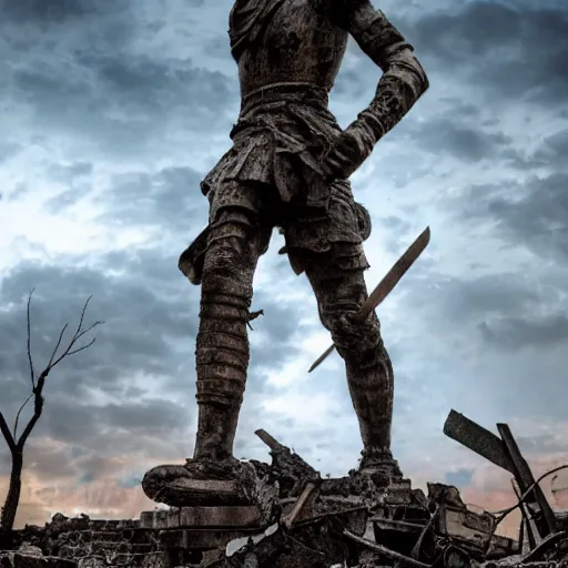 Prompt: statue of a warrior standing in the destroyed city, post apocalyptic scenery