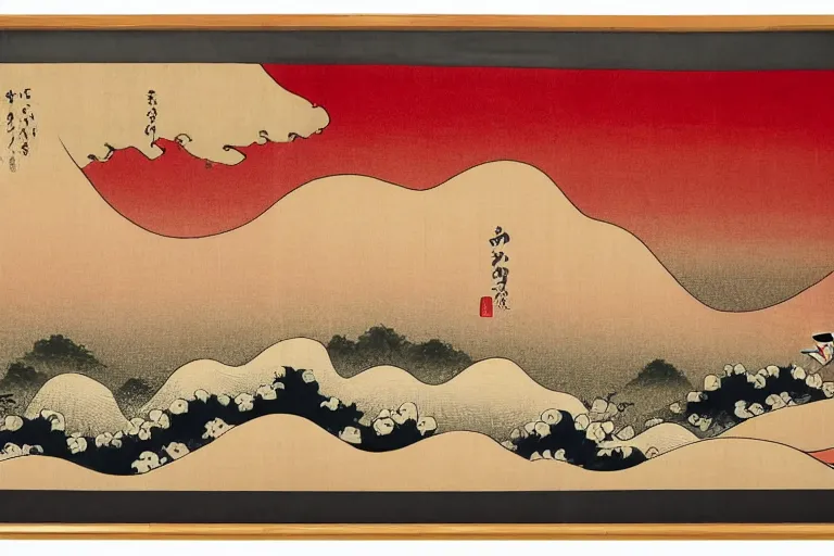 Image similar to ukiyo - e style, ghosts walking at night, clouds and mist, folding fan, wide angle, manzhu sand, hand - painted, granular sense, rich color, red tone, dry bones, beauty