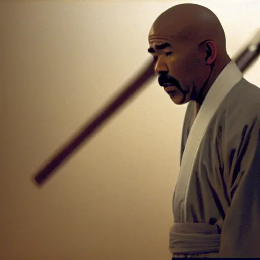 Image similar to cinematic film still of Steve Harvey starring as a Japanese Sensei with fire, Japanese CGI, VFX, 2003, 40mm lens, shallow depth of field, film photography