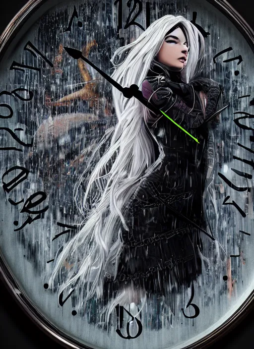 Prompt: a realistic detail portrait of a pretty huntress dress black clock has white hair, battlefield, goth, around flower, abandoned, shining star, traveller, raining, mist by Wolp, Sparth, Paul-chadeisson, Dylan Cole, Jin Kim, black scheme, 8k, Unreal Engine 5