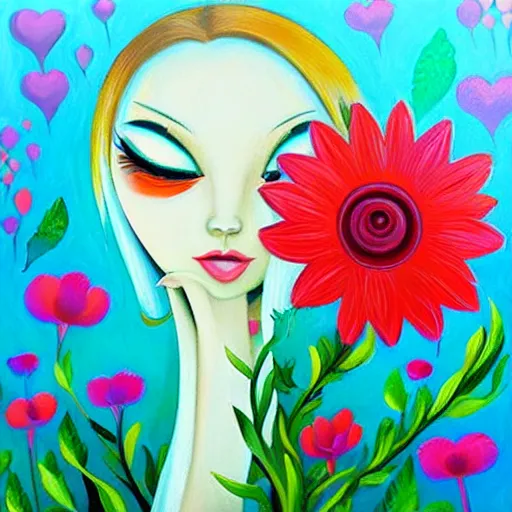 Image similar to deco oil painting of a red flower by jeremiah ketner