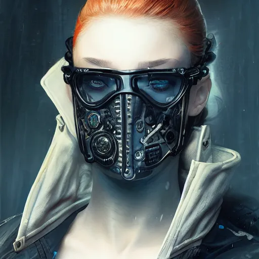 Image similar to sophie turner, streetwear techwear cyberpunk style outfit, partial mask, detailed portrait, intricate complexity, by greg rutkowski, cushart krentz, artgerm, ross tran, conrad roset, takato yomamoto, ilya kuvshinov. 4 k, beautiful, cinematic dramatic atmosphere, portrait lighting