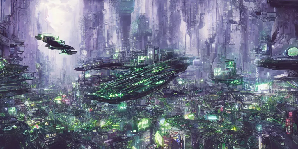 Prompt: future city covered by forest creature, flying, culture, smooth, crash, war, battle, cyberpunk, monster, gravity mess, by studio ghibli