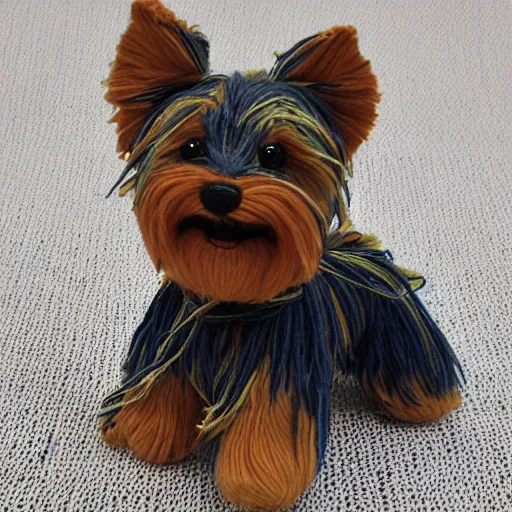 Prompt: a closeup photorealistic smiling knitted plush yorkshire terrier.