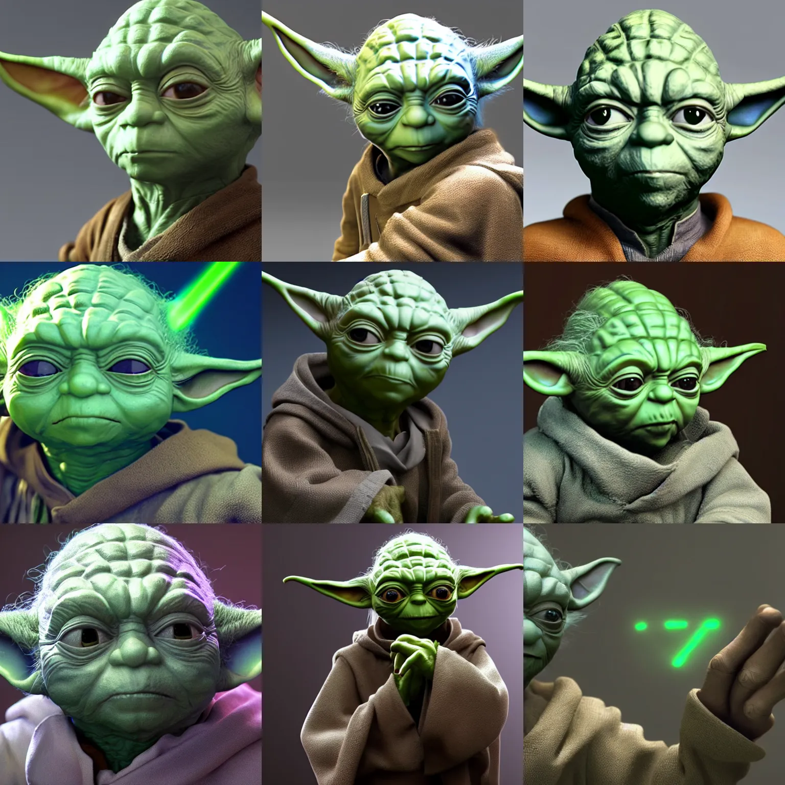 Prompt: still photo of yoda, studio lighting, unreal engine 5 quality render, photorealistic portrait, highly detailed, bright studio setting, crisp quality and light reflections