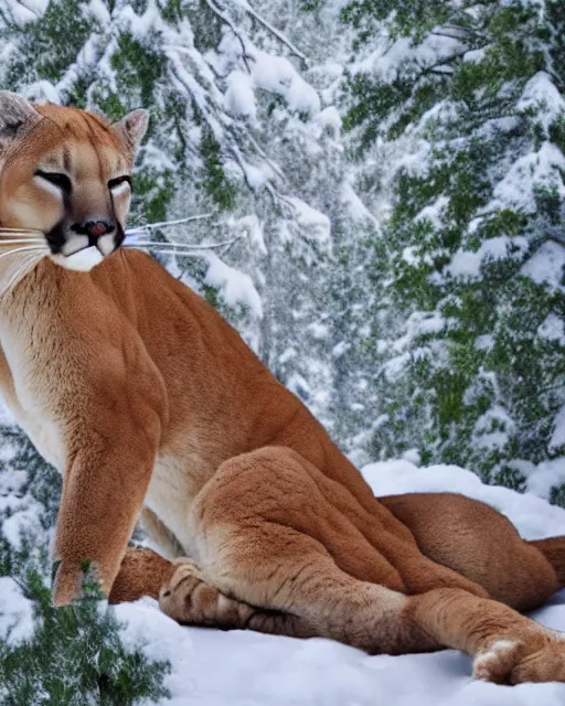 Image similar to ripped up apostcard showing 'a cougar sleeping in the middle of snowy pine tree' laying on coffee table, zoomed out shot, HD, iphone capture