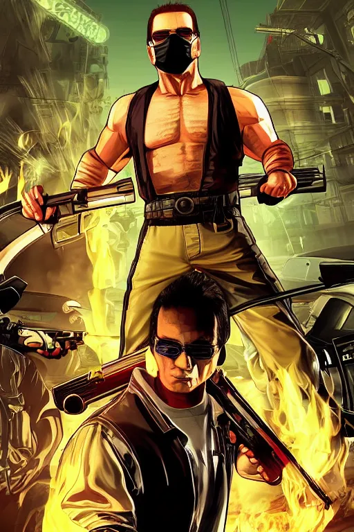 Prompt: GTA V cover art starring Mortal Kombat Character Johnny Cage, starring Johnny Cage