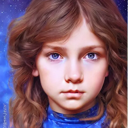 Image similar to a little girl with short wavy curly light brown hair and blue eyes, a space empress in byzantine style. beautiful highly detailed face, painting by ilya kuvshinov