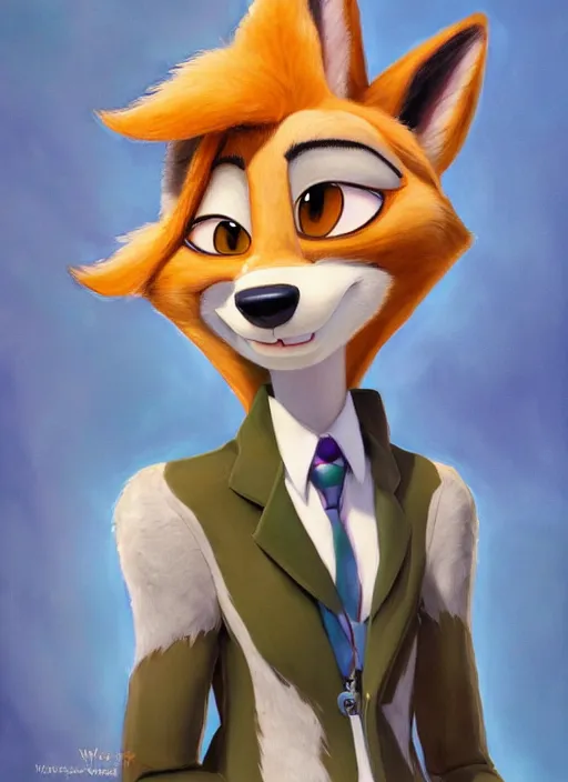 Image similar to oil painting of detailed full body of anthromorphic female wolf, in style of zootopia, zootopia, zootopia, fursona, furry, furaffinity, 4 k, deviantart, furry art, fursona art, wearing black business suit, business suit, in style of zootopia, wolf fursona, cyberpunk, female, expressive detailed feminine face,