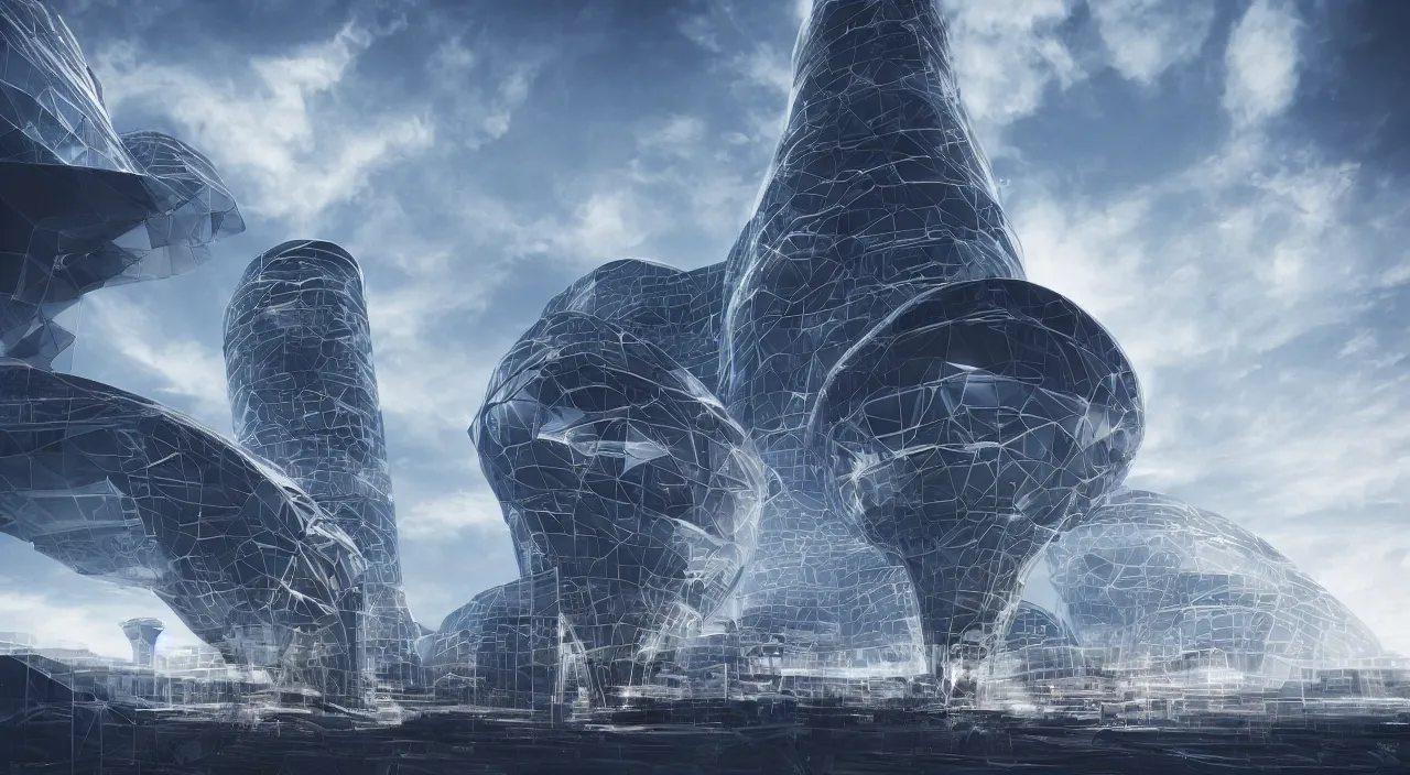 Image similar to a very futuristic landscape with one tall tower, ambient light